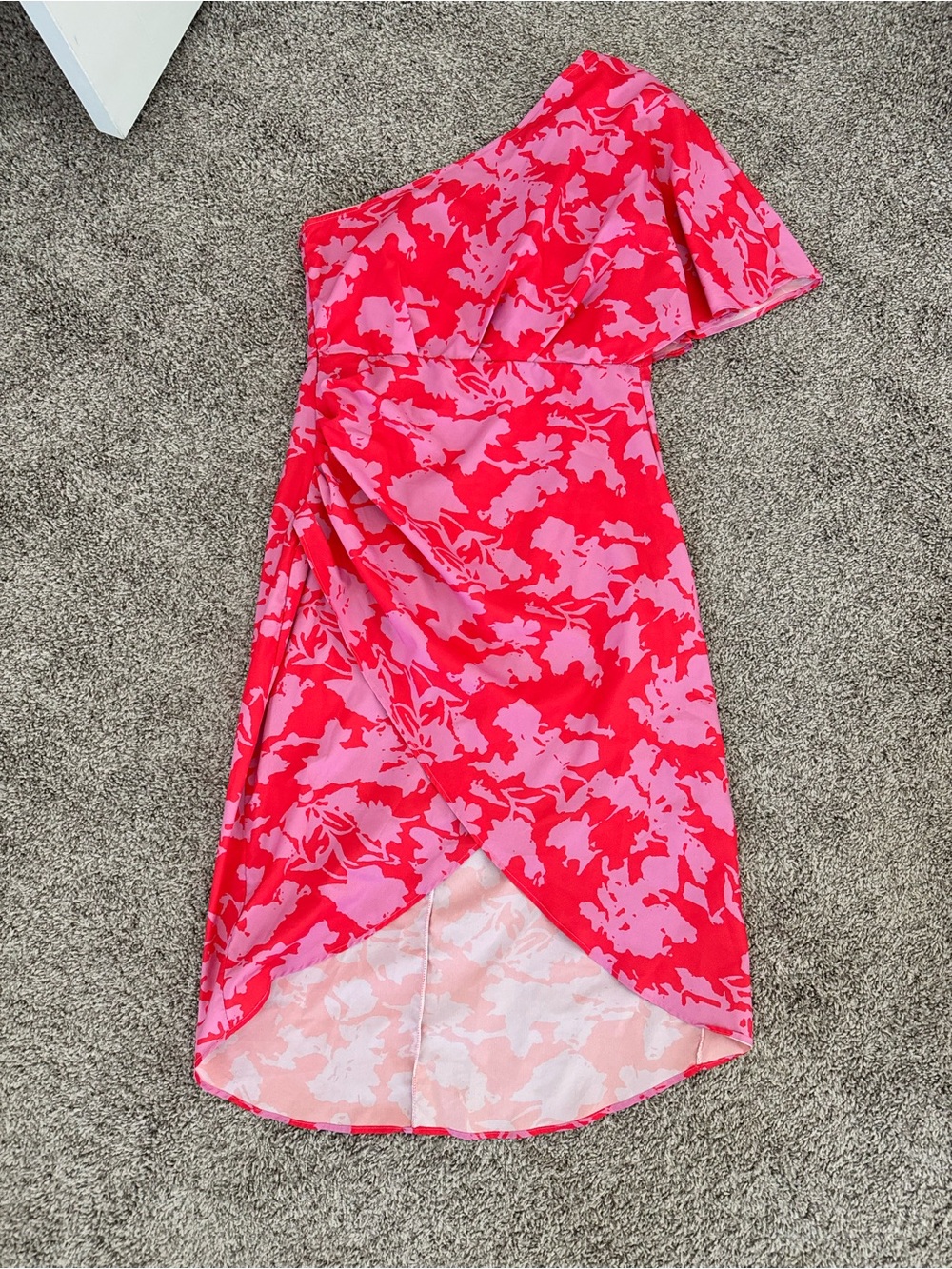 Amazon One-Shoulder Floral Midi Dress in Red and Pink